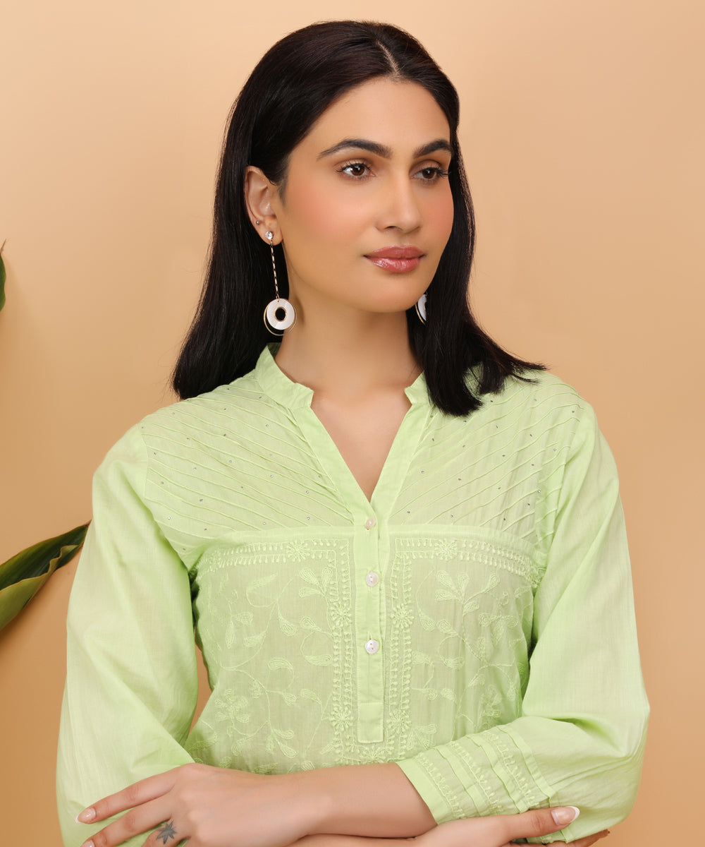 Green hand embroidery chikankari cotton kurti