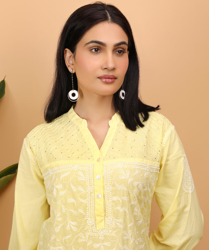 Yellow hand embroidery cotton chikankari straight kurta