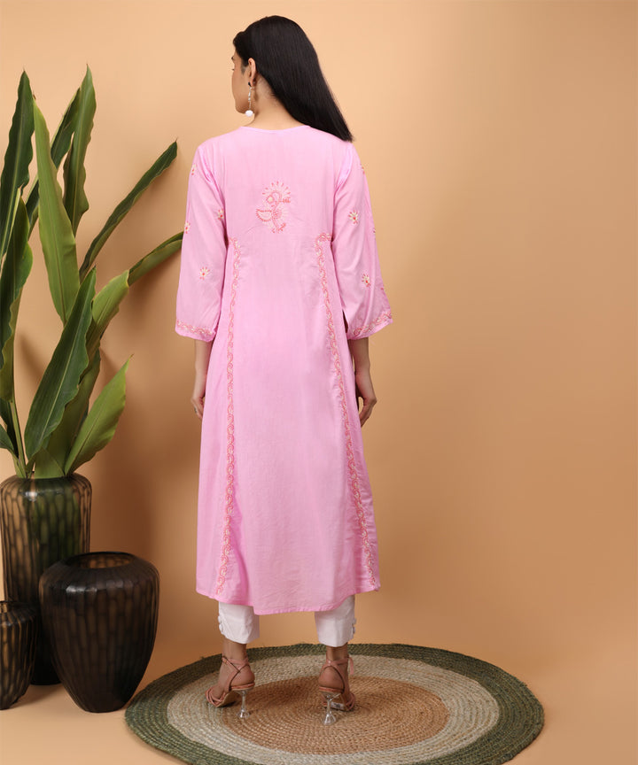 Pink hand embroidery cotton chikankari A line kurti