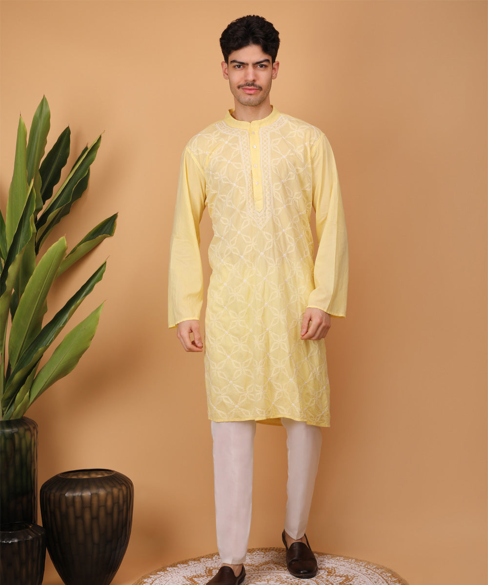 Yellow cotton handembroidery chikankari kurta