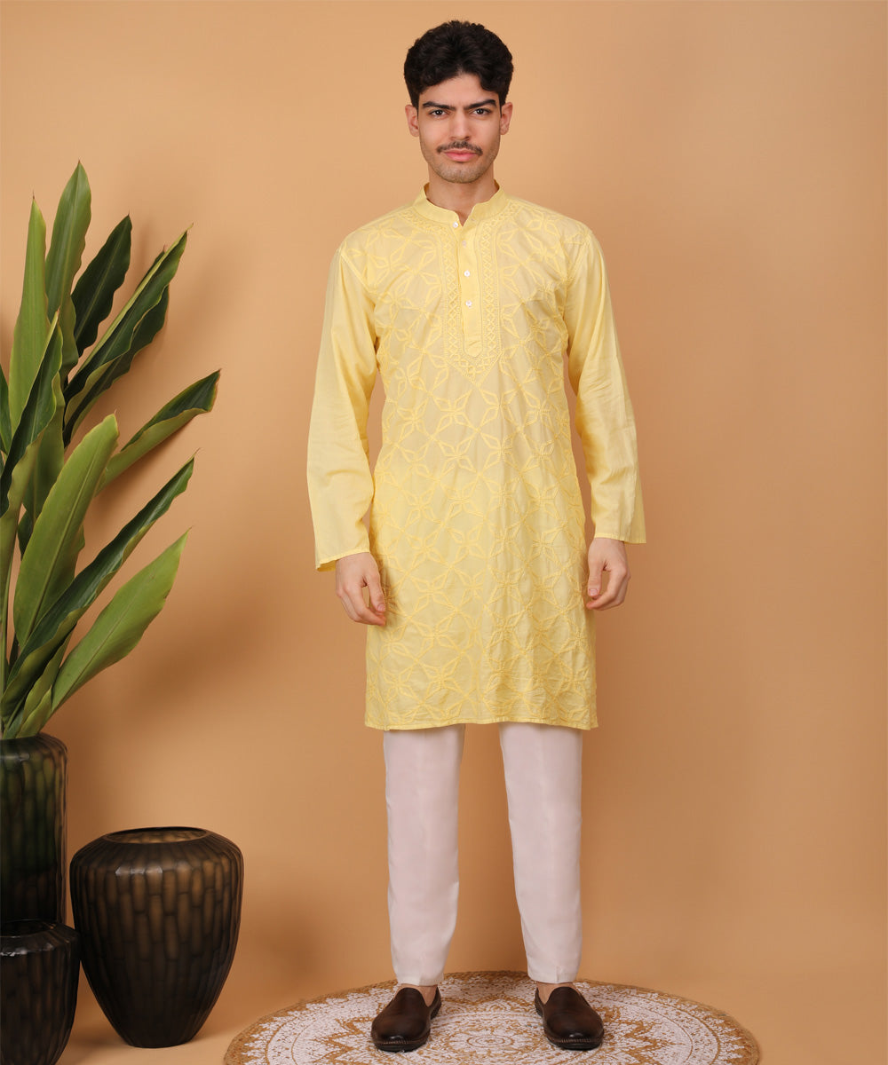Yellow cotton hand embroidery chikankari kurta