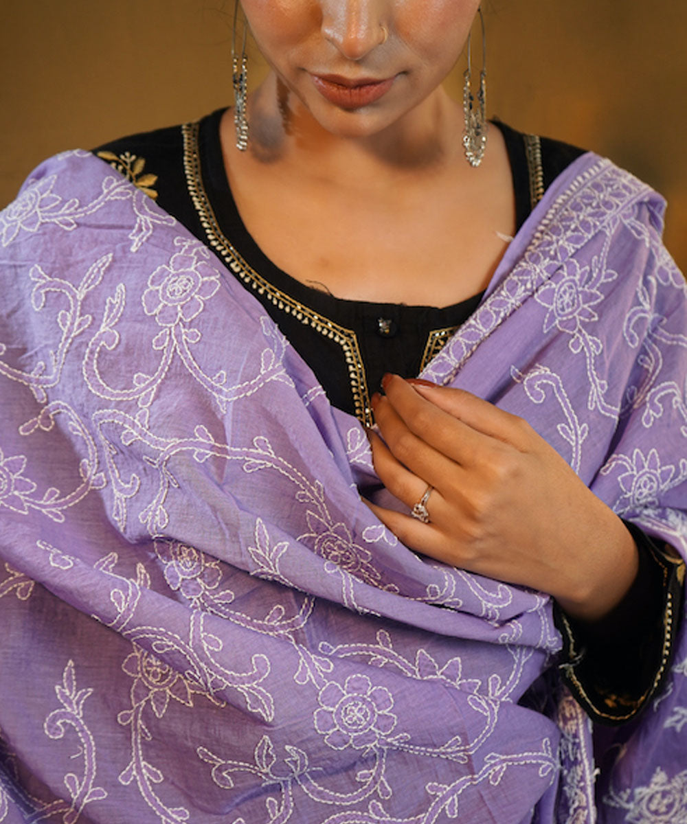 Purple white hand embroidered cotton chikankari Stole