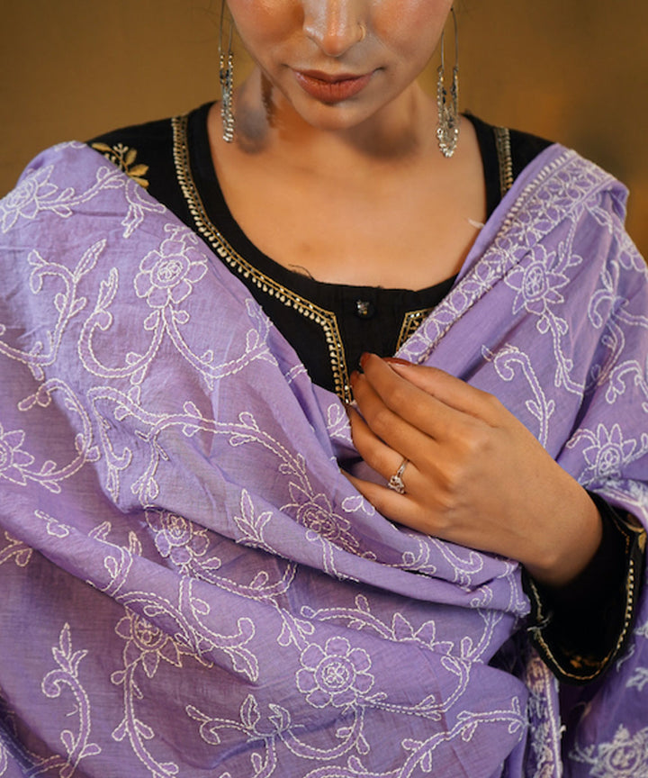 Purple white hand embroidered cotton chikankari Stole