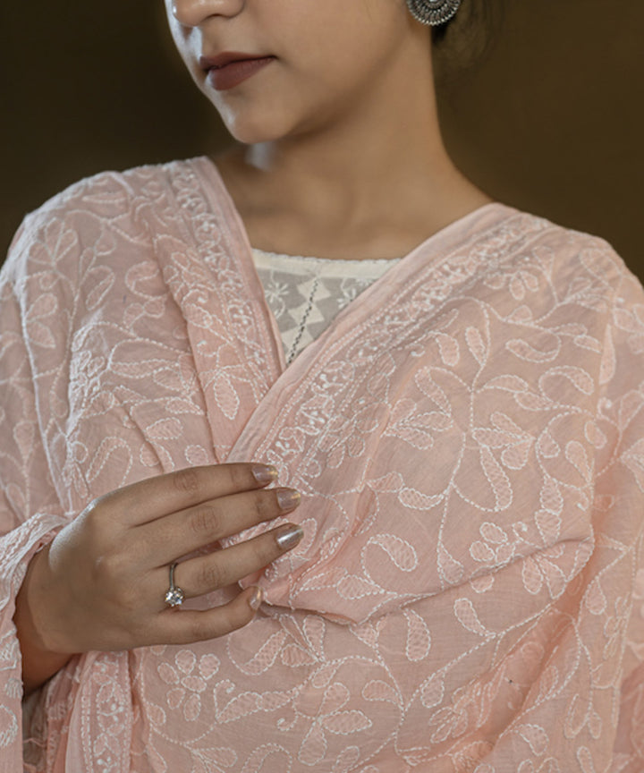 Pink white chikankari hand embroidered cotton Stole