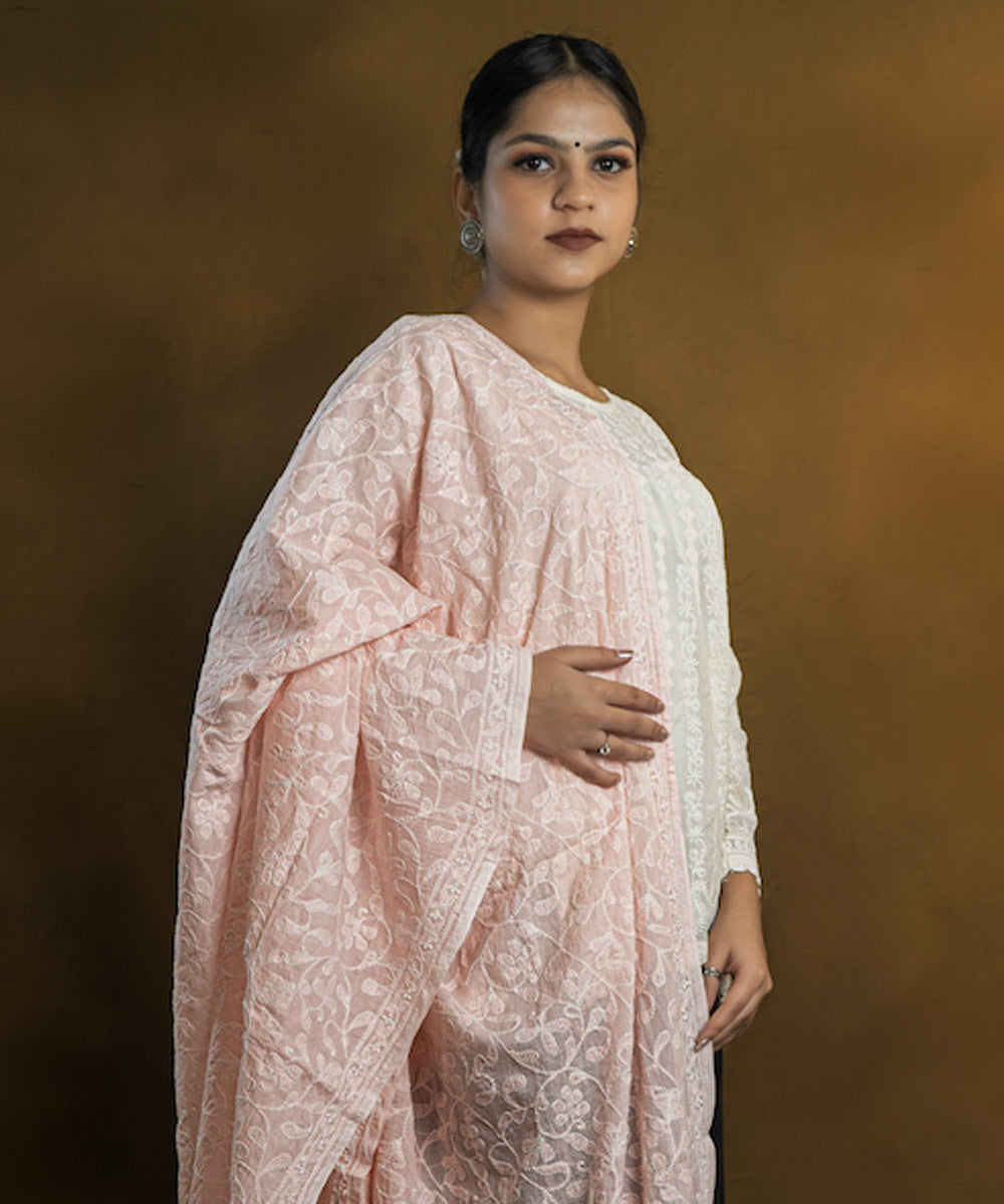 Pink white chikankari hand embroidered cotton Stole