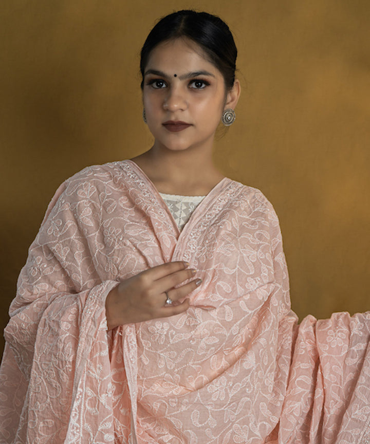 Pink white chikankari hand embroidered cotton Stole