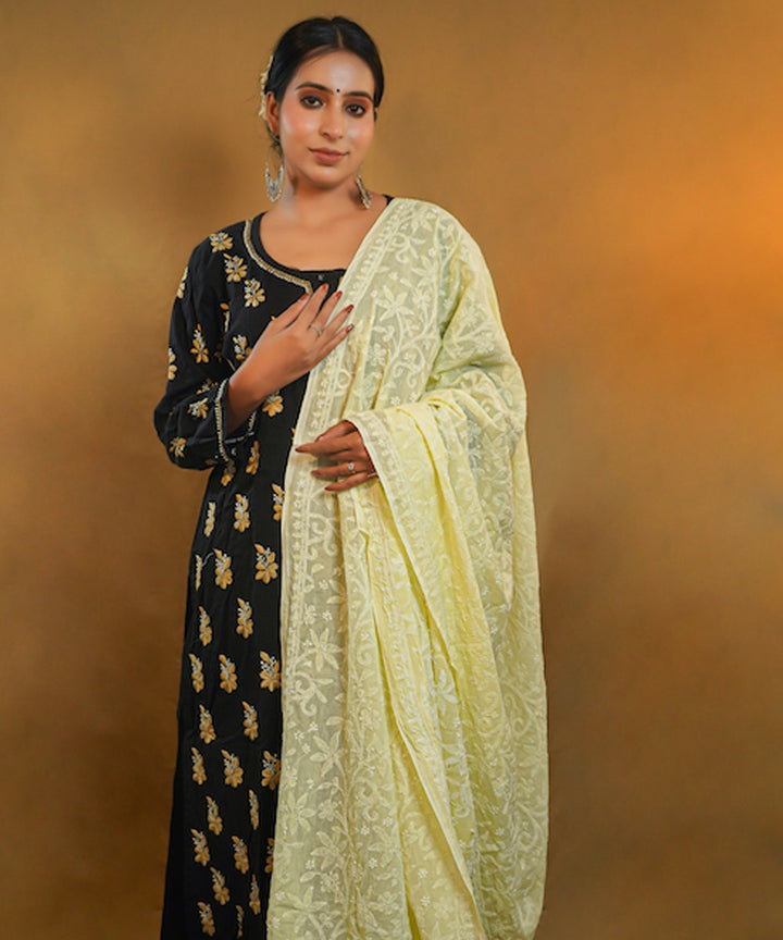 Yellow white hand embroidered chikankari cotton Stole