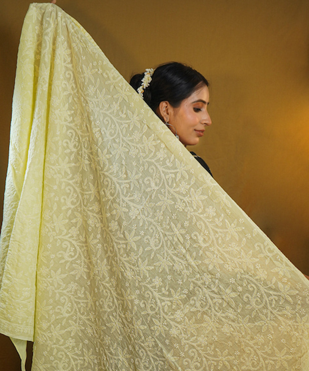 Yellow white hand embroidered chikankari cotton Stole