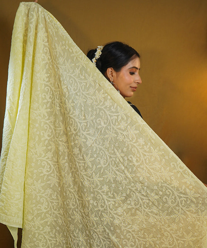 Yellow white hand embroidered chikankari cotton Stole
