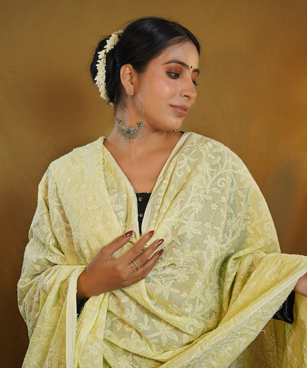 Yellow white hand embroidered chikankari cotton Stole