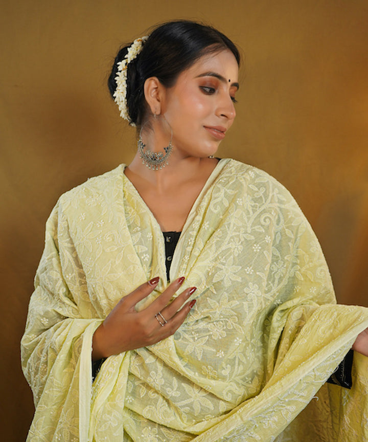 Yellow white hand embroidered chikankari cotton Stole