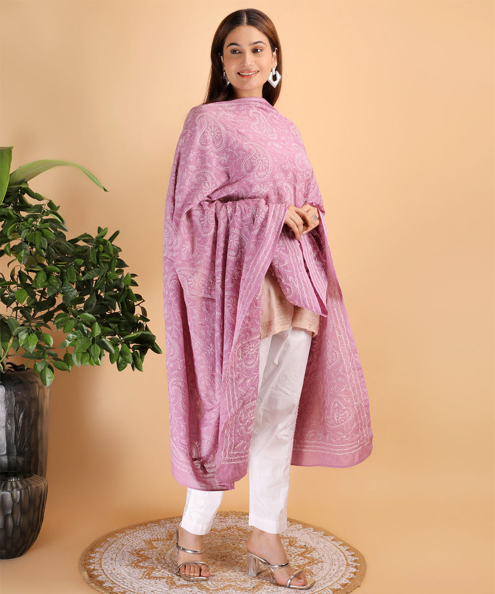 Pink white hand cotton embroidered chikankari Stole