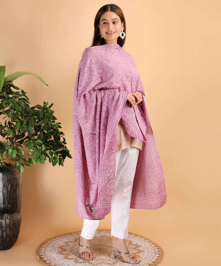 Pink white hand cotton embroidered chikankari Stole