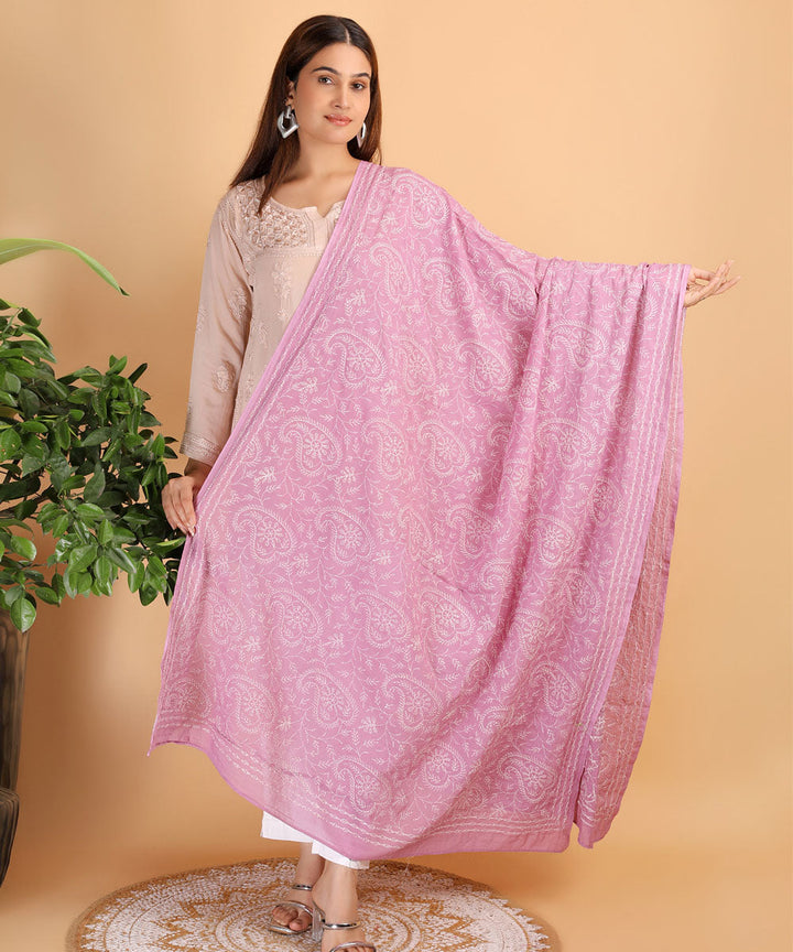 Pink white hand cotton embroidered chikankari Stole