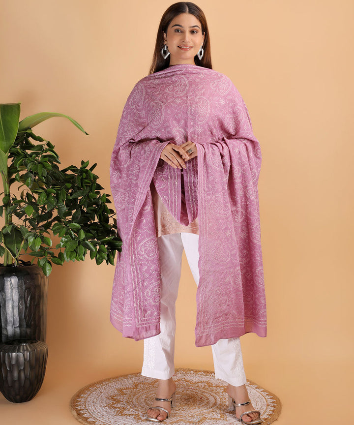 Pink white hand cotton embroidered chikankari Stole
