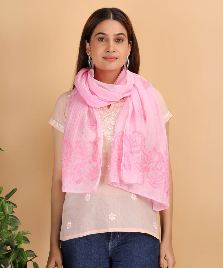 Pink white hand cotton embroidered chikankari Stole