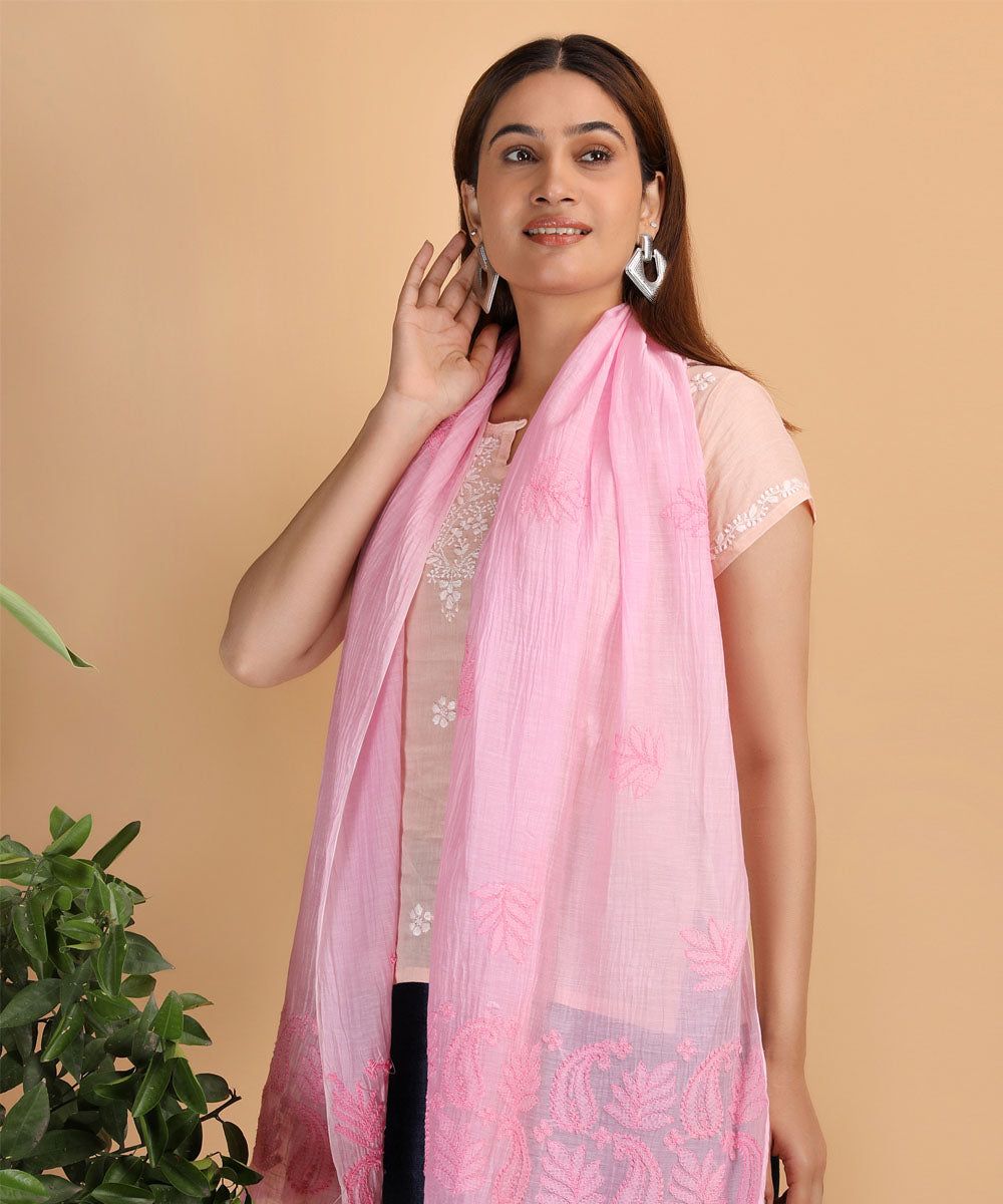 Pink white hand cotton embroidered chikankari Stole