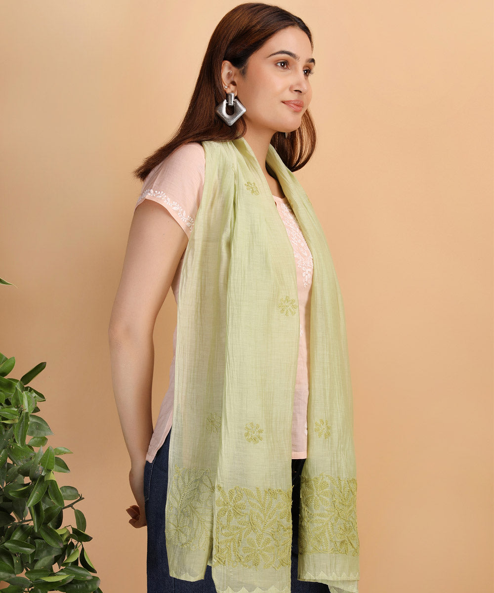 Yellow white chikankari hand embroidered cotton Stole