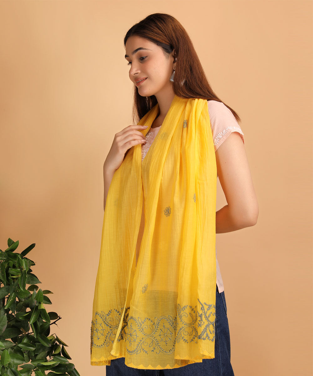 Yellow white hand embroidered cotton chikankari Stole