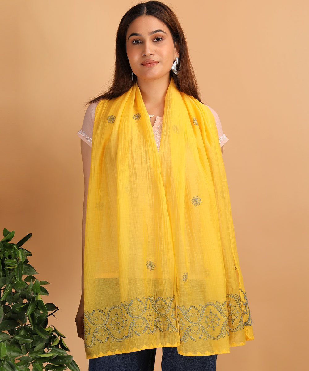 Yellow white hand embroidered cotton chikankari Stole