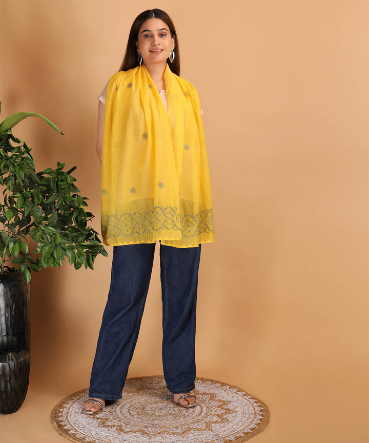 Yellow white hand embroidered cotton chikankari Stole