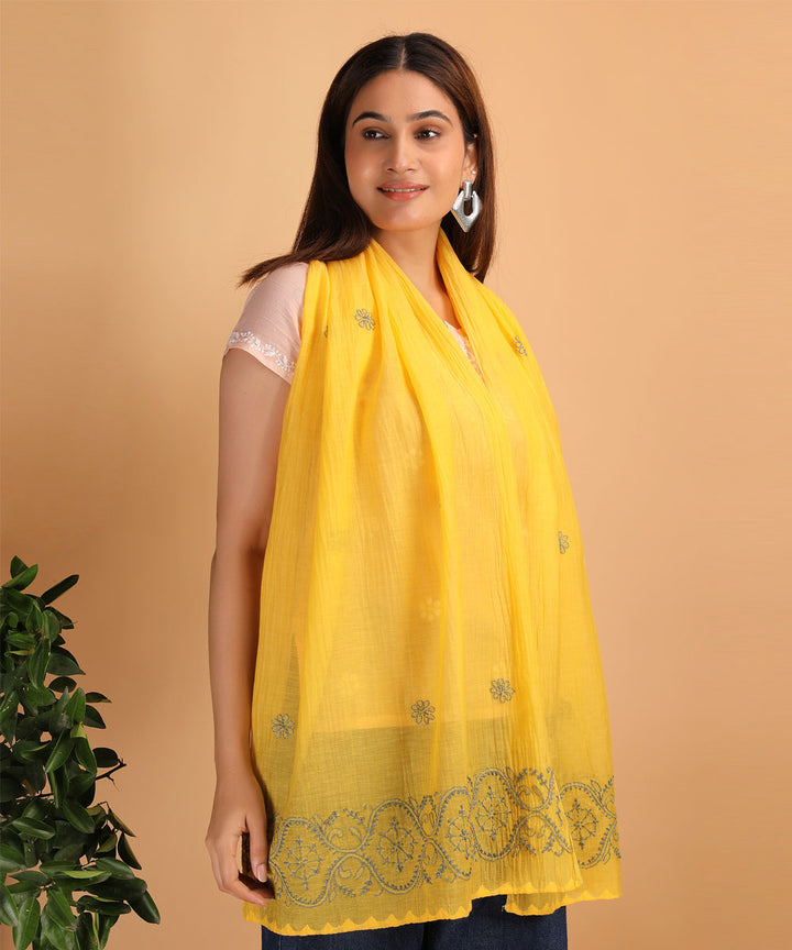 Yellow white hand embroidered cotton chikankari Stole