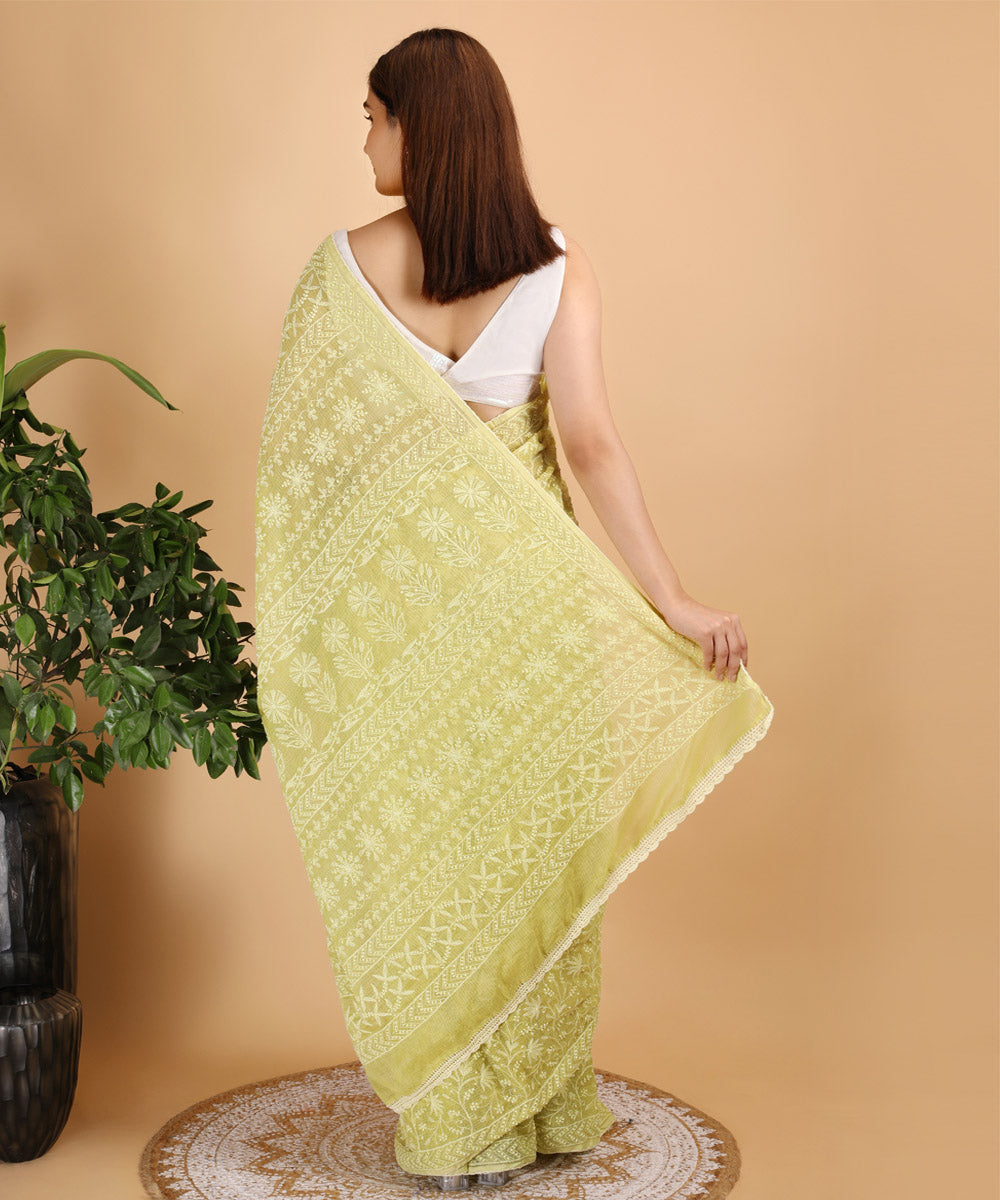 Yellow green cotton silk hand embroidered chikankari saree