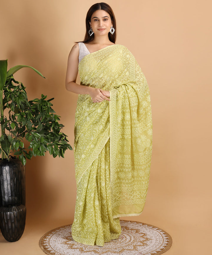 Yellow green cotton silk hand embroidered chikankari saree