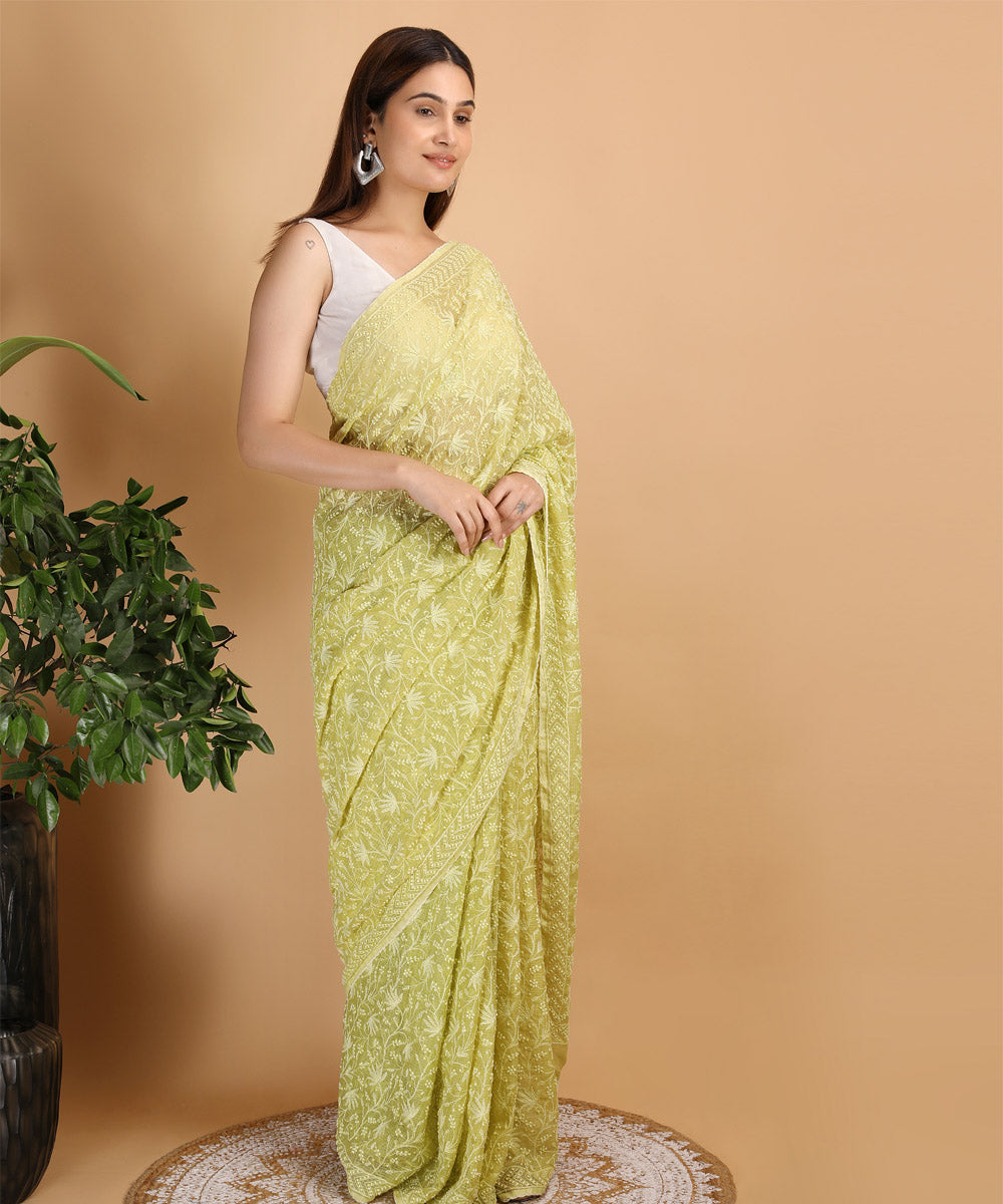 Yellow green cotton silk hand embroidered chikankari saree