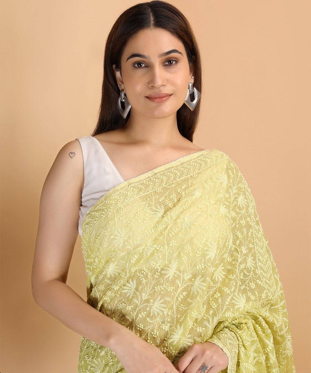 Yellow green cotton silk hand embroidered chikankari saree