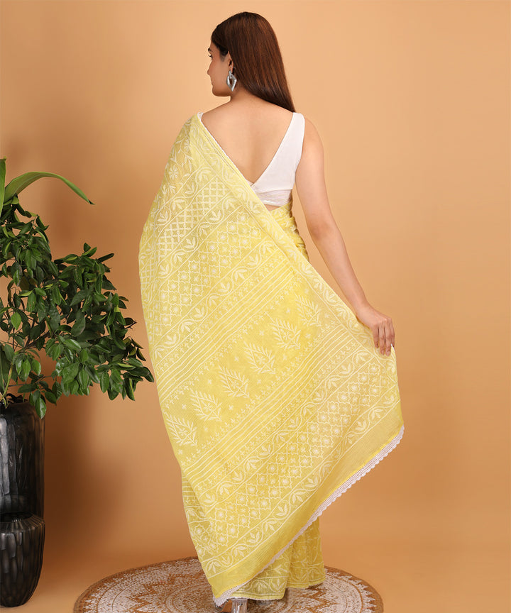 Yellow offwhite cotton silk hand embroidered chikankari saree