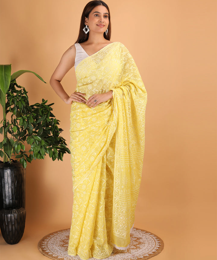 Yellow offwhite cotton silk hand embroidered chikankari saree