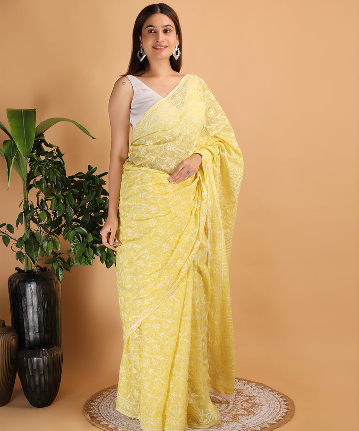 Yellow offwhite cotton silk hand embroidered chikankari saree