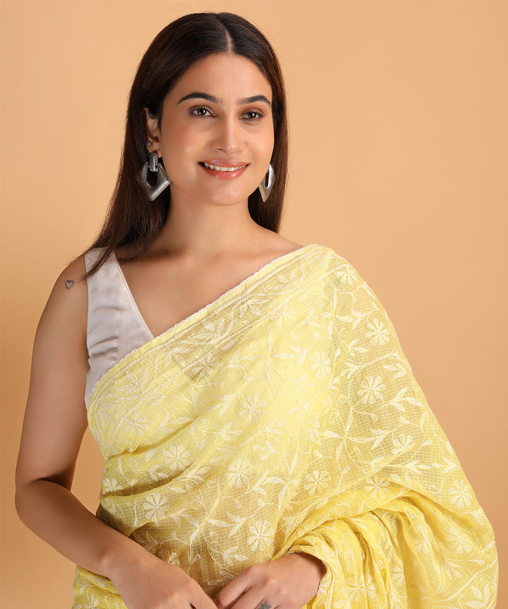 Yellow offwhite cotton silk hand embroidered chikankari saree