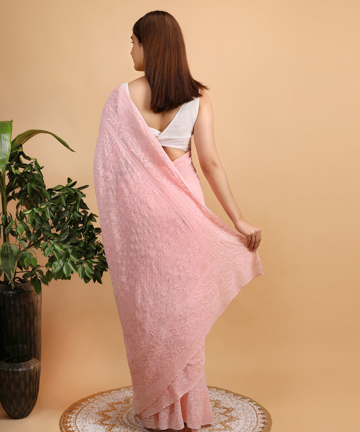 Peach offwhite cotton silk hand embroidered chikankari saree