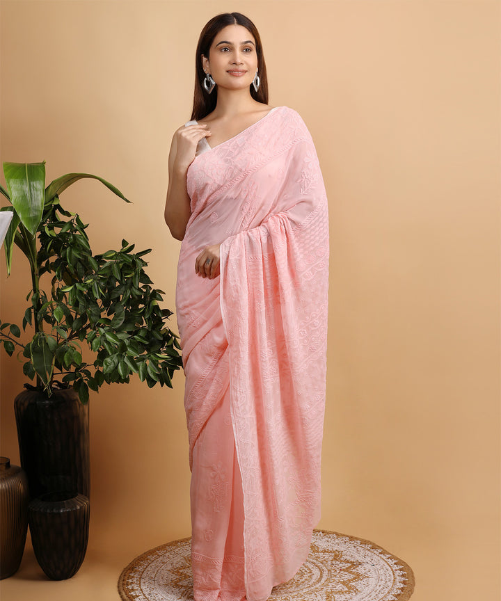 Peach offwhite cotton silk hand embroidered chikankari saree