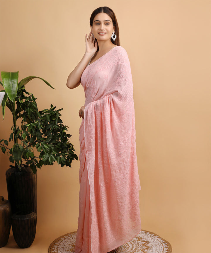 Peach offwhite cotton silk hand embroidered chikankari saree