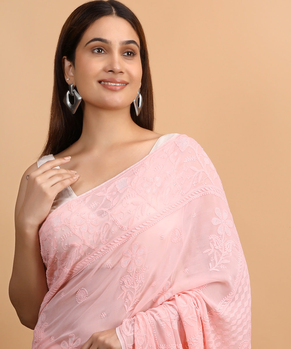 Peach offwhite cotton silk hand embroidered chikankari saree