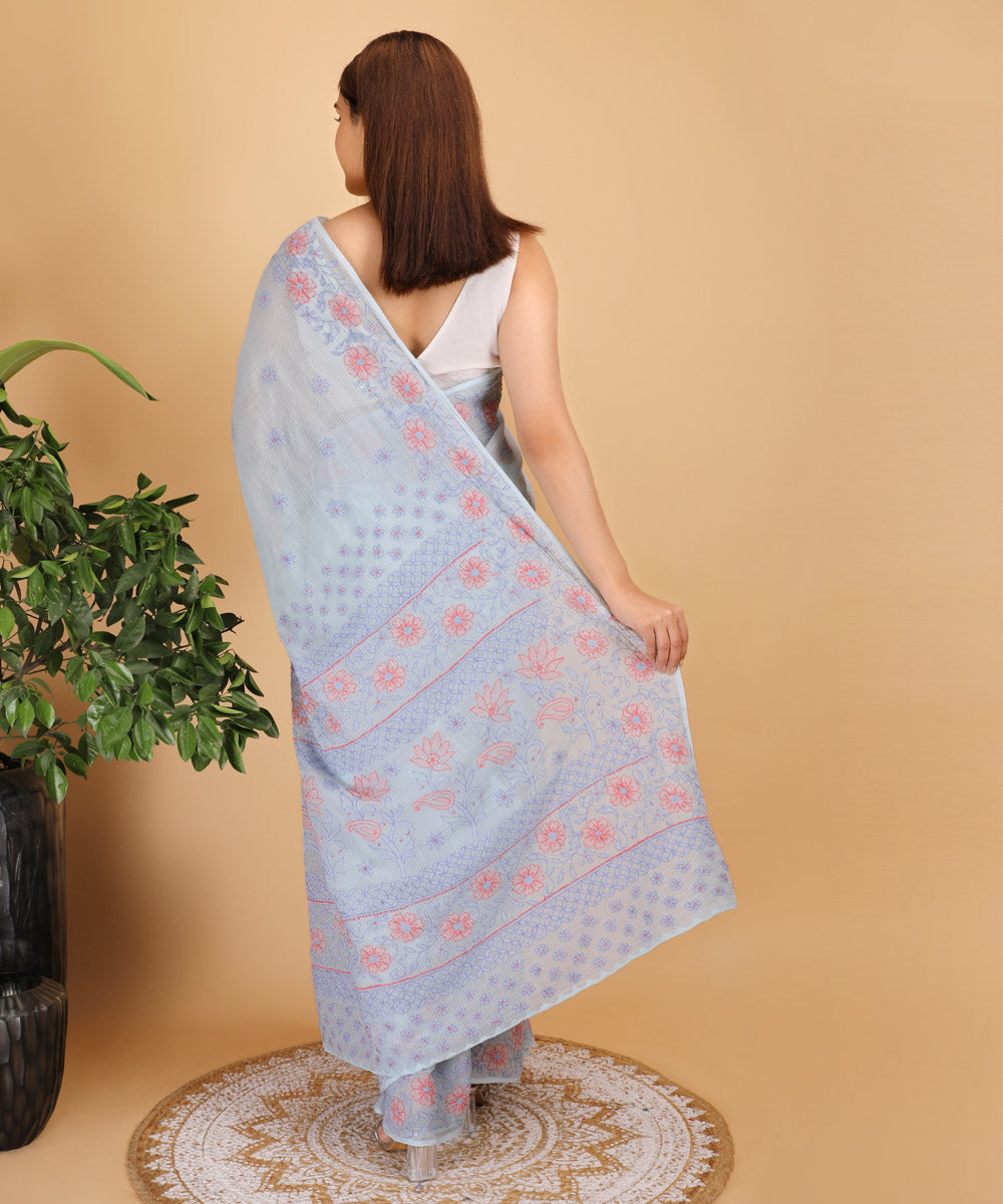 Sky blue peach Kota cotton silk hand embroidered chikankari saree