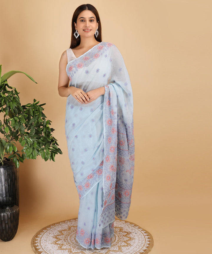 Sky blue peach Kota cotton silk hand embroidered chikankari saree
