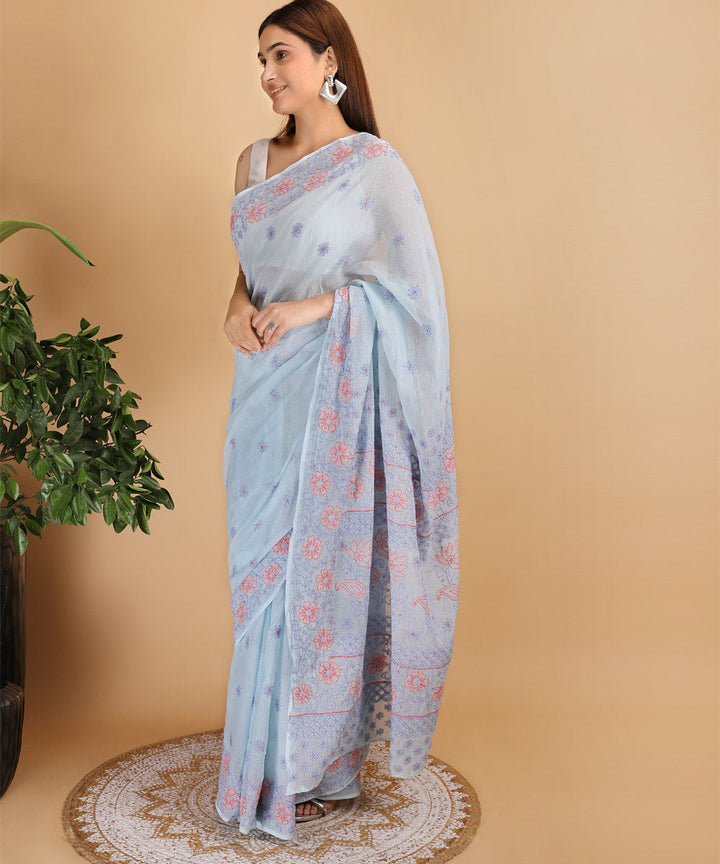 Sky blue peach Kota cotton silk hand embroidered chikankari saree