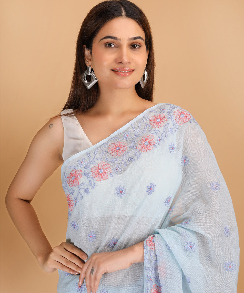 Sky blue peach Kota cotton silk hand embroidered chikankari saree