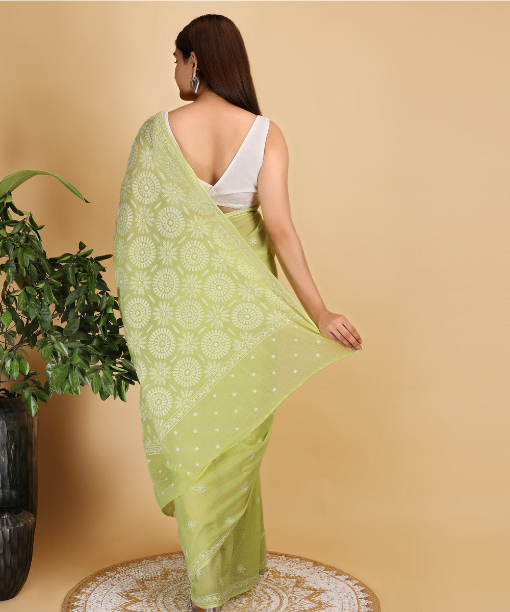 Parrot green &  white cotton silk hand embroidered chikankari saree