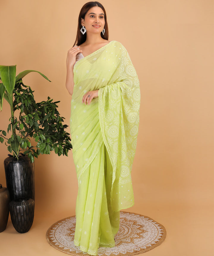 Parrot green &  white cotton silk hand embroidered chikankari saree