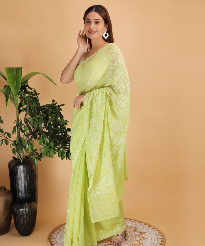 Parrot green &  white cotton silk hand embroidered chikankari saree