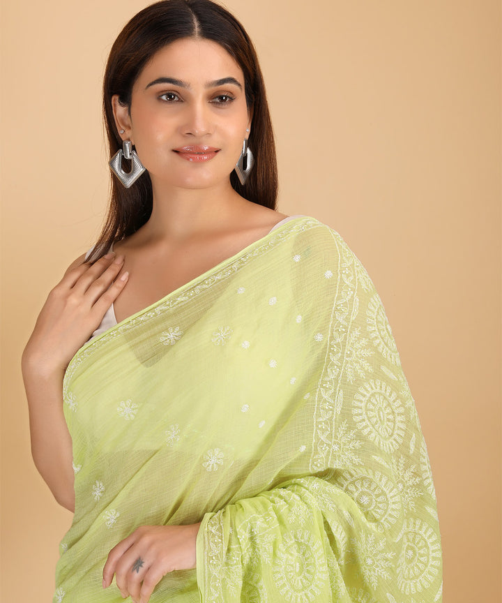 Parrot green &  white cotton silk hand embroidered chikankari saree