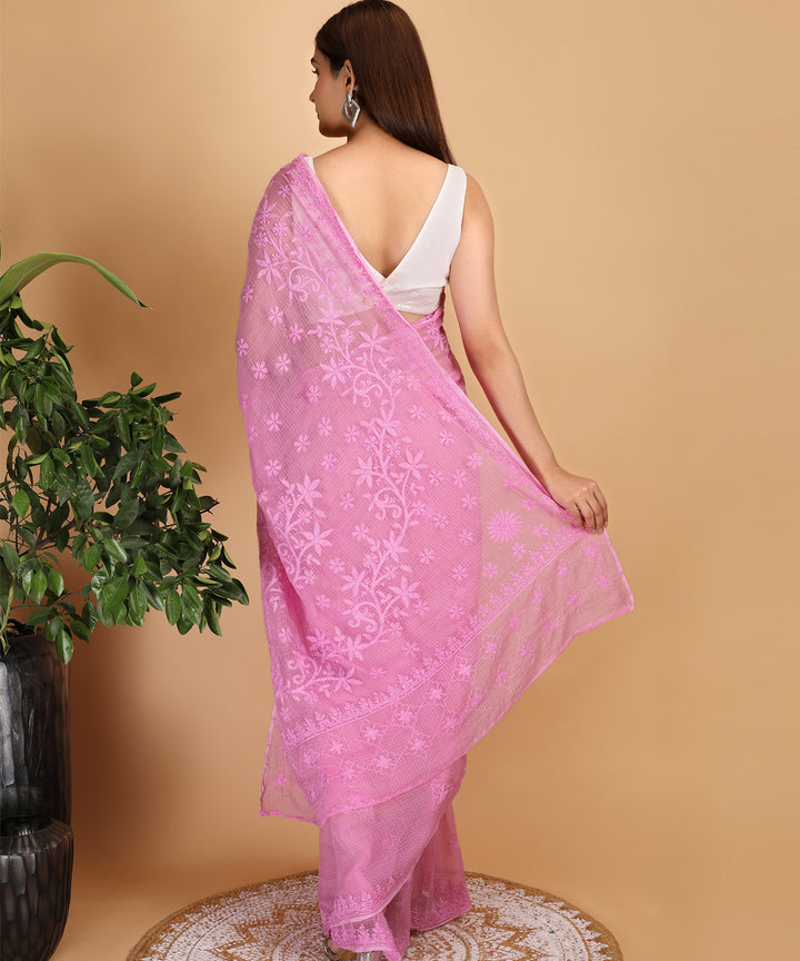 Pink all over cotton silk hand embroidered chikankari saree
