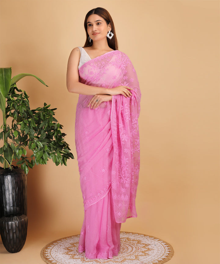 Pink all over cotton silk hand embroidered chikankari saree