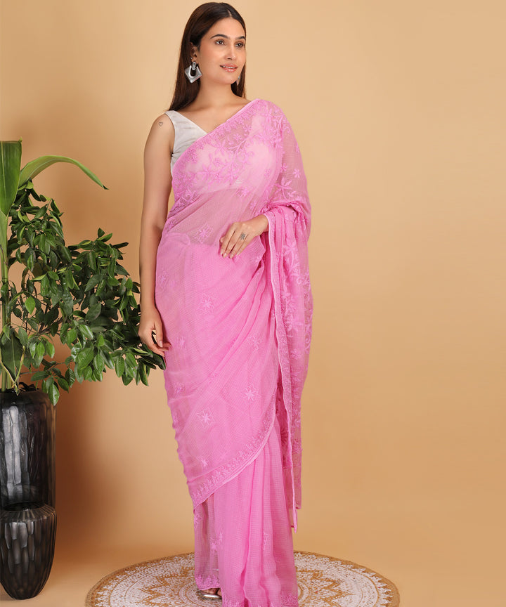 Pink all over cotton silk hand embroidered chikankari saree