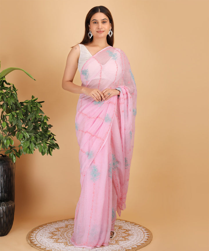 Peach blue cotton silk hand embroidered chikankari saree